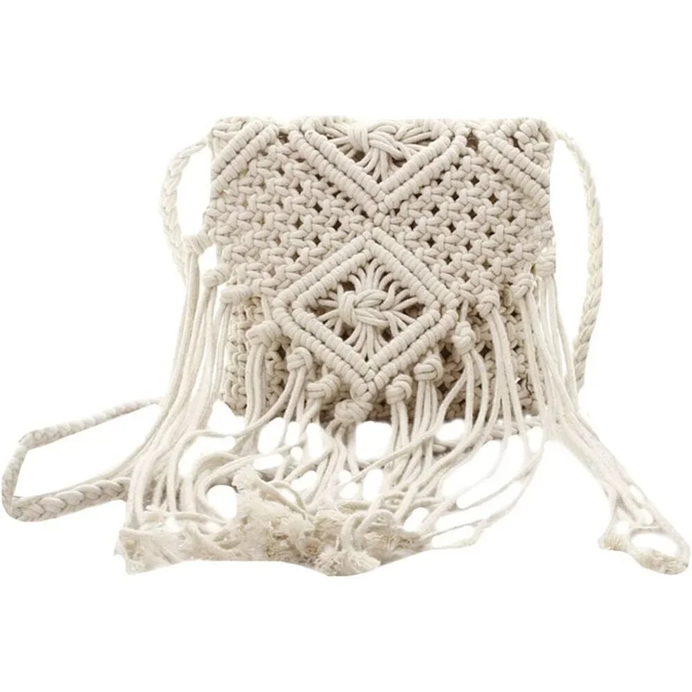 Womens Cotton Linen Crochet Shoulder Bag Tote Tassel Bohemian Purse